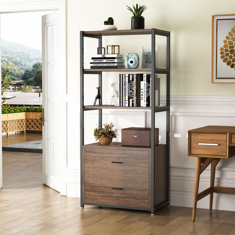 Bookcase, 4-Tier Bookshelf With 2 Drawers, Etagere Standard Book Shelves Display Shelf For Home Office, Brown