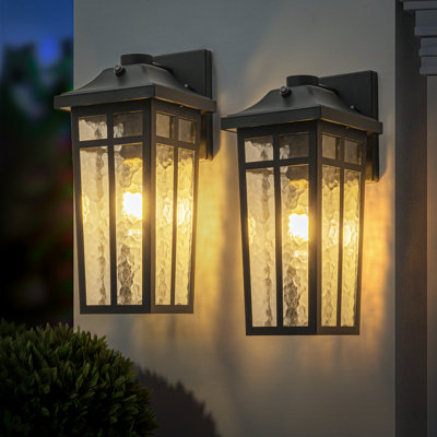 Black 14''H Dusk to Dawn 1-Light Outdoor Wall Lantern with Water Glass Shade Waterproof
