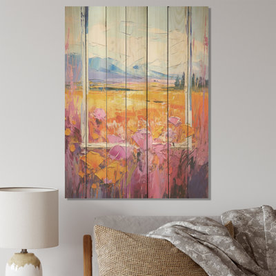 Pink And Yellow Floral Windows View Breeze II - Meadow On Wood Print