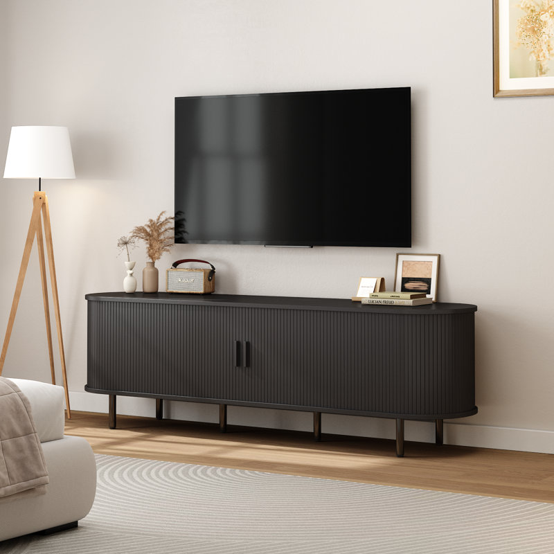 Meuble télé avec rangement et tablettes Jalonda, Noir, H 21,7 po x l 70,8 po x P 15,7 po