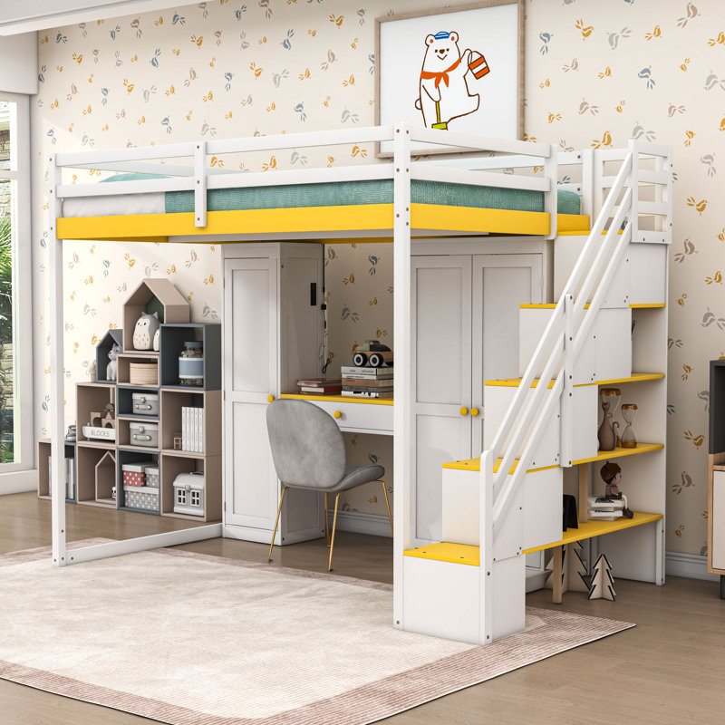 Lit mezzanine double avec coiffeuse, armoire, miroir et station de charge, Blanc / Jaune