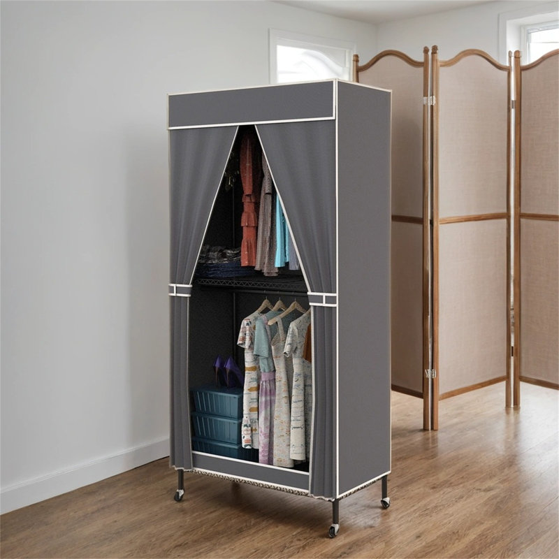 Portant à 2 niveaux avec housse pour garde-robe portatif, 4 roulettes, 2 tringles de suspension, 2 supports à crochets, structure en acier de 72,44 po de hauteur, petit espace / rangement saisonnier