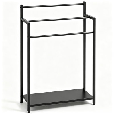 Porte-serviettes sur pied avec tablette en bois, échelle à couvertures à 3 niveaux pour salle de bain et salon, structure métallique robuste avec tablette marron rustique