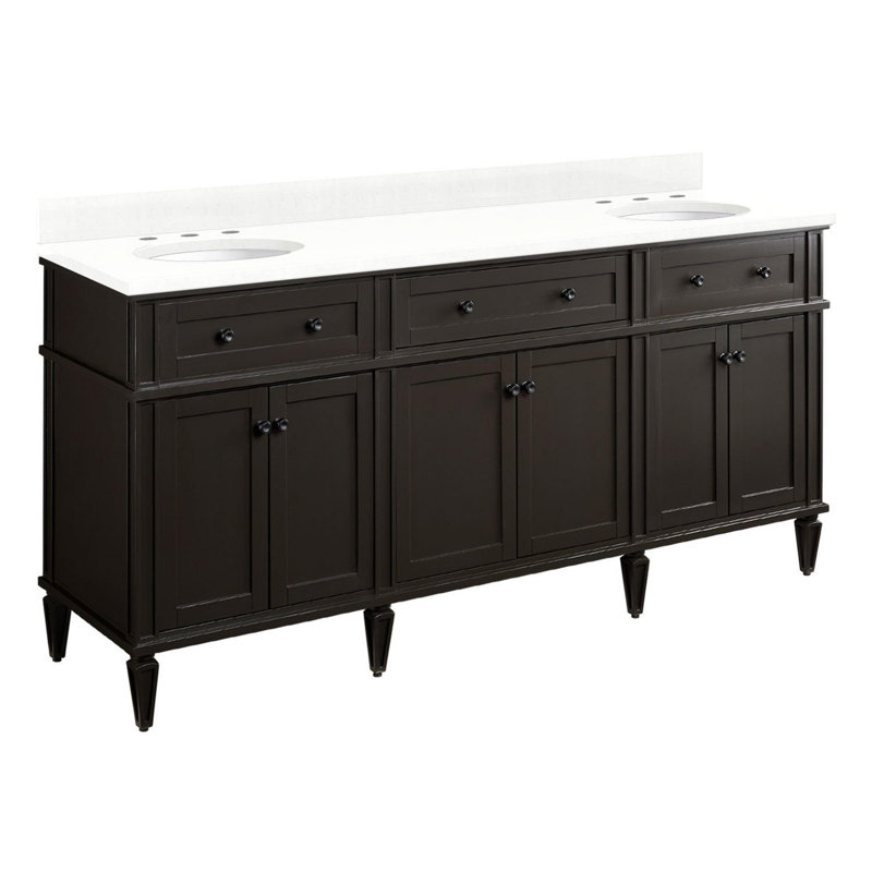 72" Elmdale Double Vanity for Rectangular Undermount Sinks, Feathered White Quartz, Charcoal Black, Black