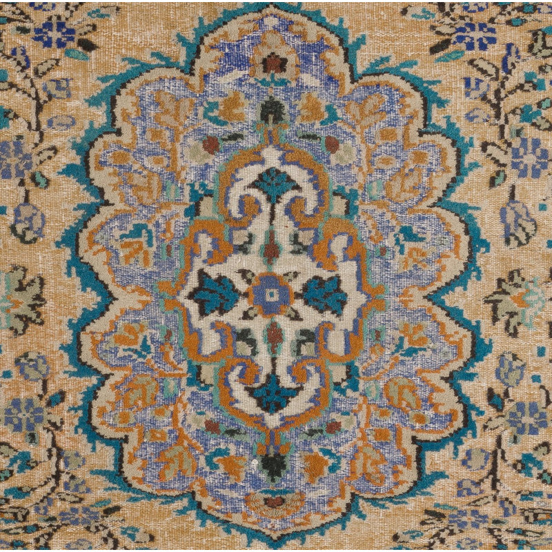 Tapis turc à poils longs rétro à motif médaillon fait à la main