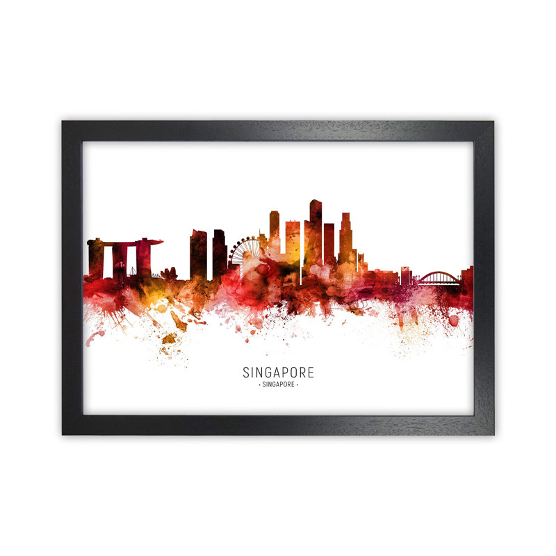 Singapore Skyline Red City Name by Michael Tompsett - Print, Black Framed, 25cm H x 34cm W x 3cm D