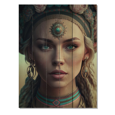 Femme bohémienne aux yeux bleus VII - impression de femme bohème sur bois de pin naturel