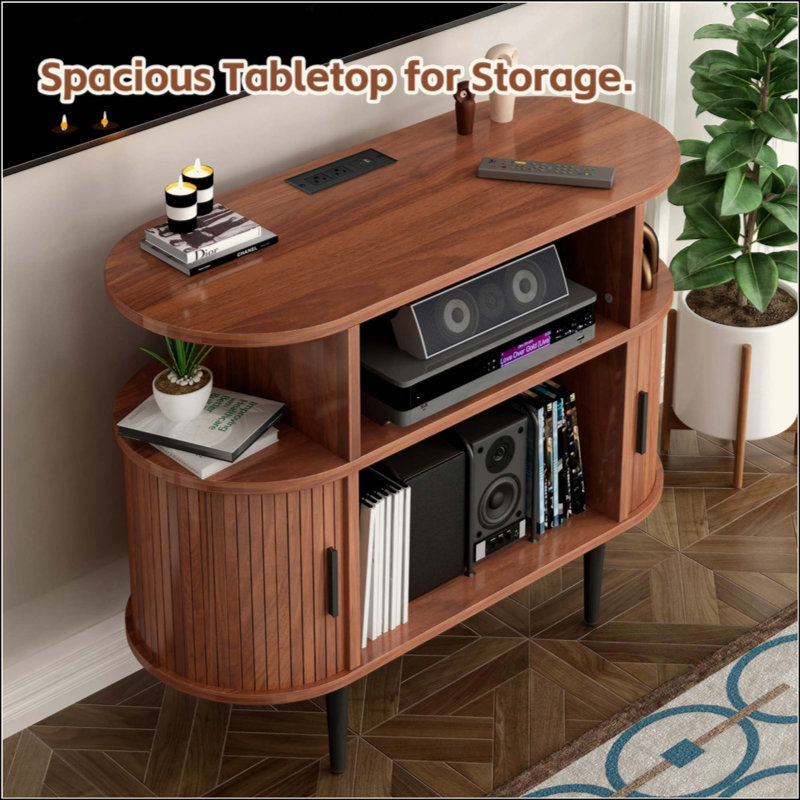 Grand support de tourne-disque rond avec station de charge et ports USB, armoire de rangement de disques, support de table tournante moderne Mid-Century pour le salon de la chambre à coucher