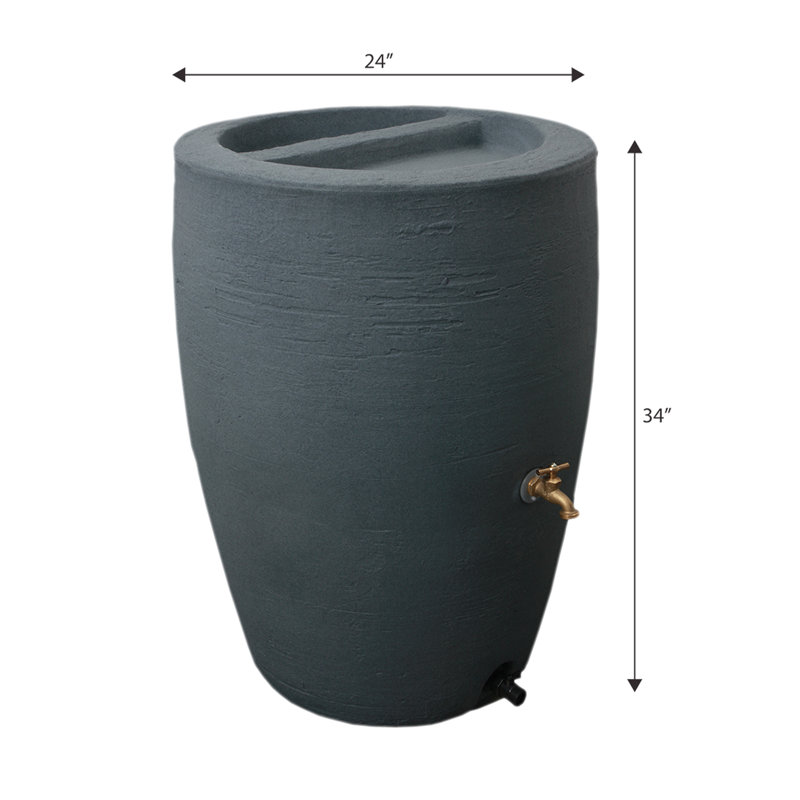 Athena Rain Barrel (50 Gallon & 80 Gallon Options), Charcoal Stone, 34" H x 24" W x 24" D