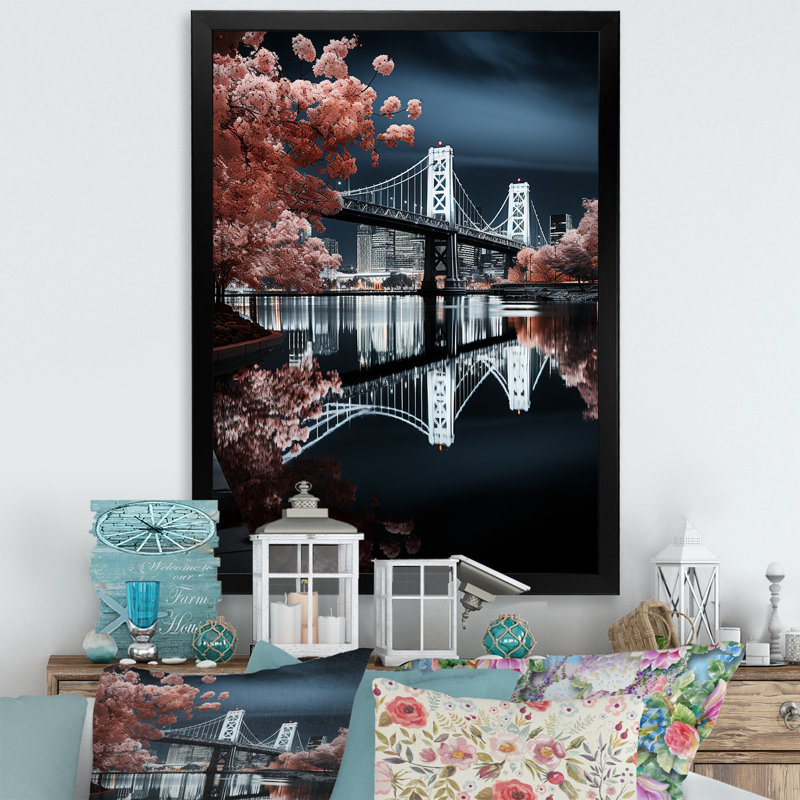 Magnifique pont urbain illuminé, H 32 po x l 24 po x P 1 po, Cadre photo noir