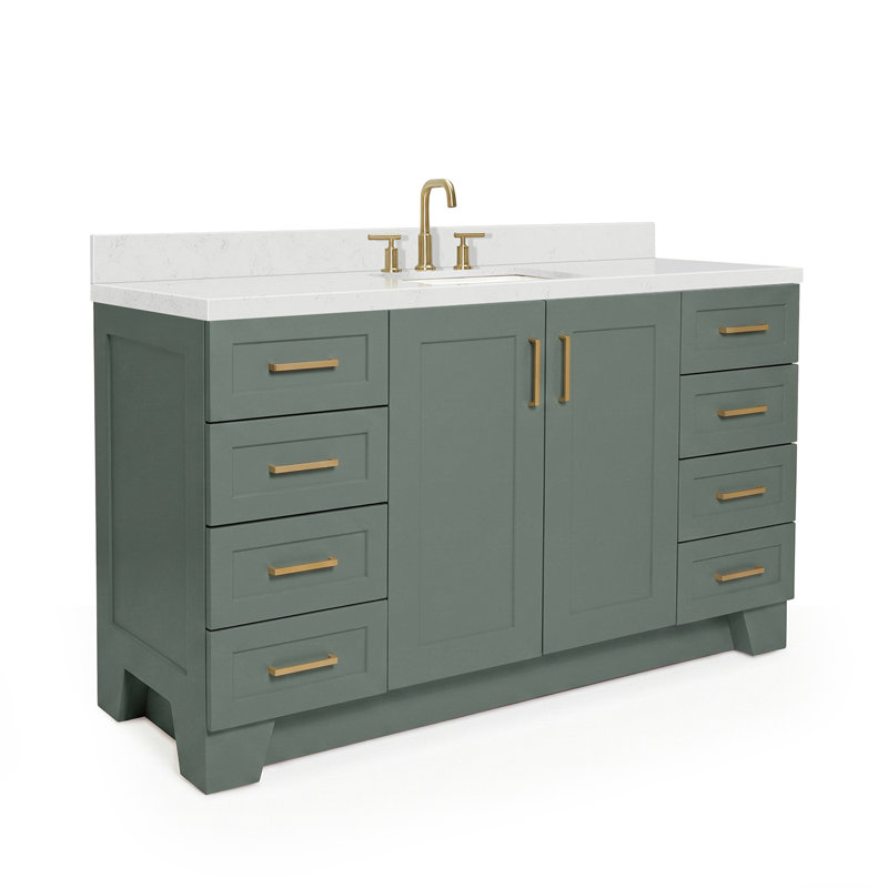 61 IN.  Single Bathroom Vanity, Rectangle, Vintage Green, Carrara Quartz