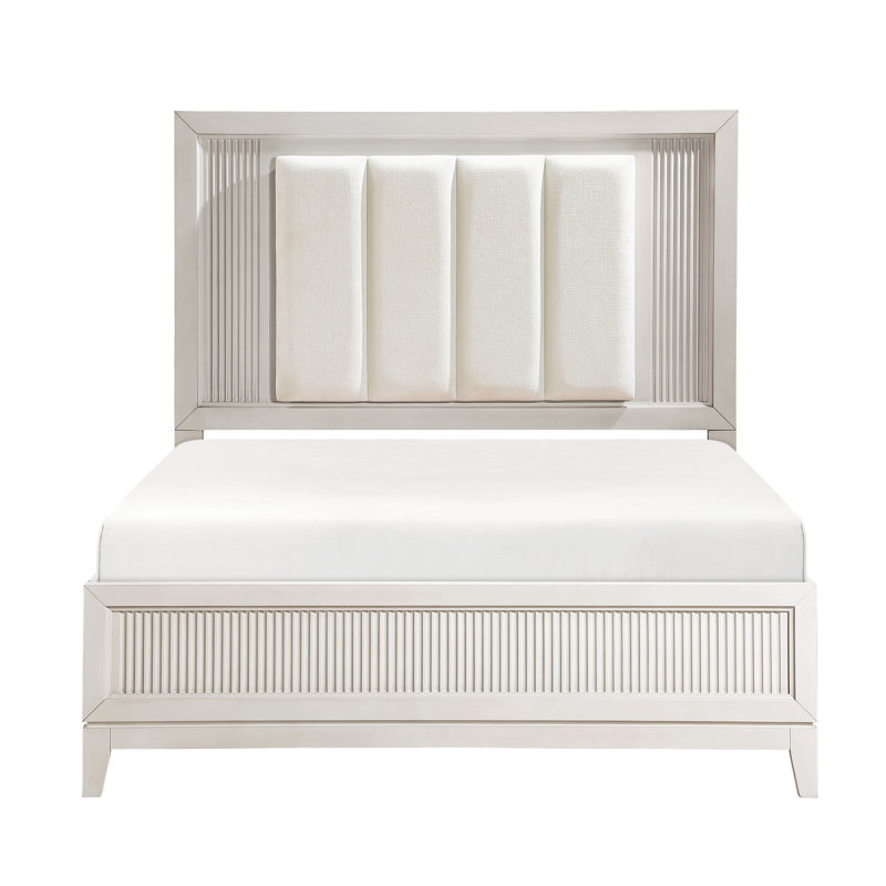 Grand lit moderne Modern, blanc antique avec rembourrage de tête de lit à DEL