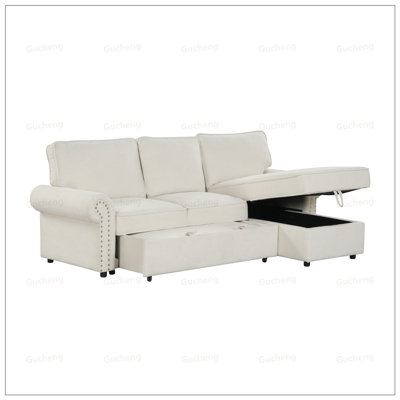 Canapé-lit modulaire convertible avec méridienne de rangement, dossier escamotable, porte-gobelets, accoudoirs arqués et structure en bois d'acacia durable