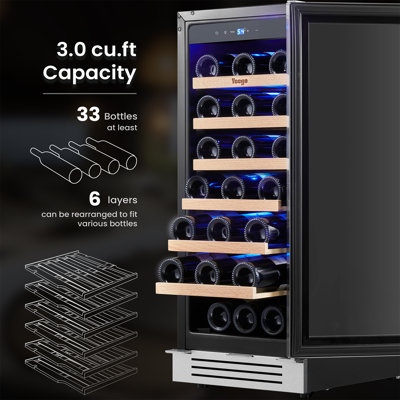 Yeego 15" Single Zone Built-In Under Counter Wine Cooler, 33 Bottle Compressor Wine Refrigerator