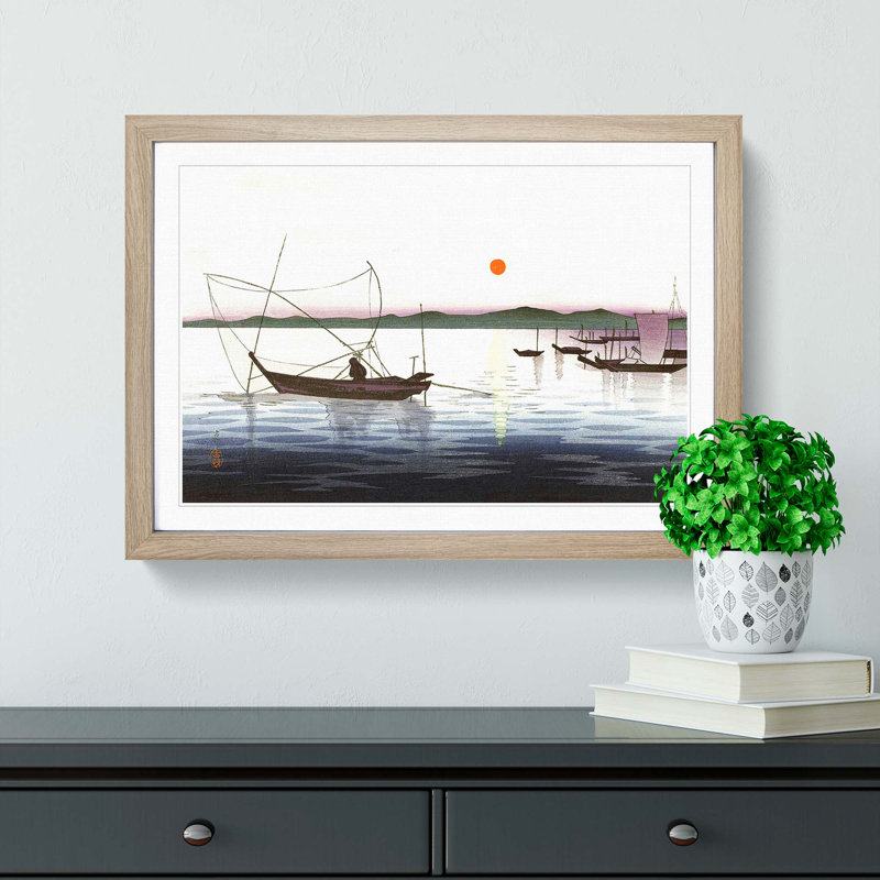 Boats and a Setting Sun by Ohara Koson - Picture Frame Painting Print, 27cm H x 36cm W x 2cm D, Oak Framed