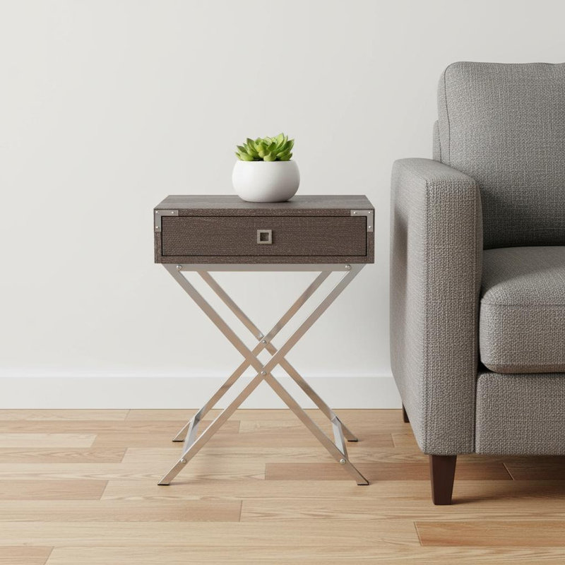  Table de bout transitionnelle en bois et taupe foncé 24 po avec tiroir