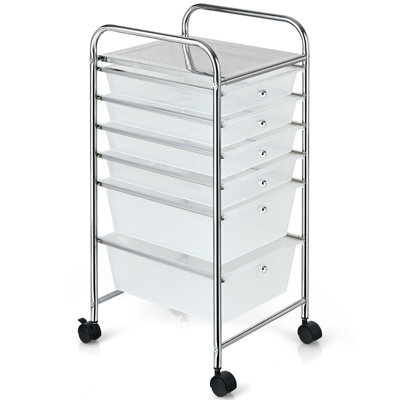  6-Drawer Rolling Storage Cart with Clear Plastic Drawers & Locking Casters, Steel Frame Organizer for Kitchen, Bathroom, Craft Room, or Office, White