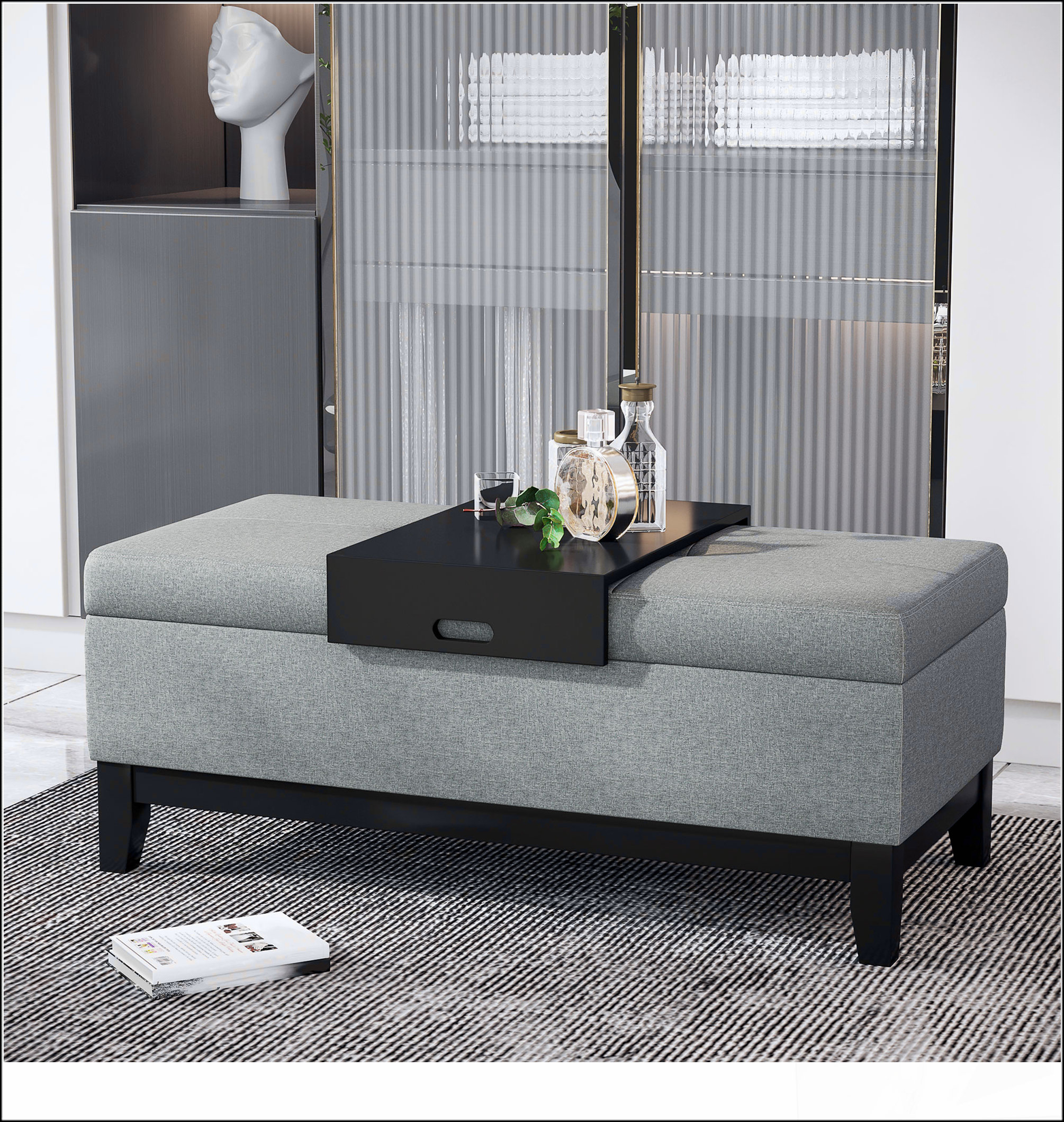 Ebern Designs Rectangular Storage Ottoman Bench, Linen Fabric Coffee ...