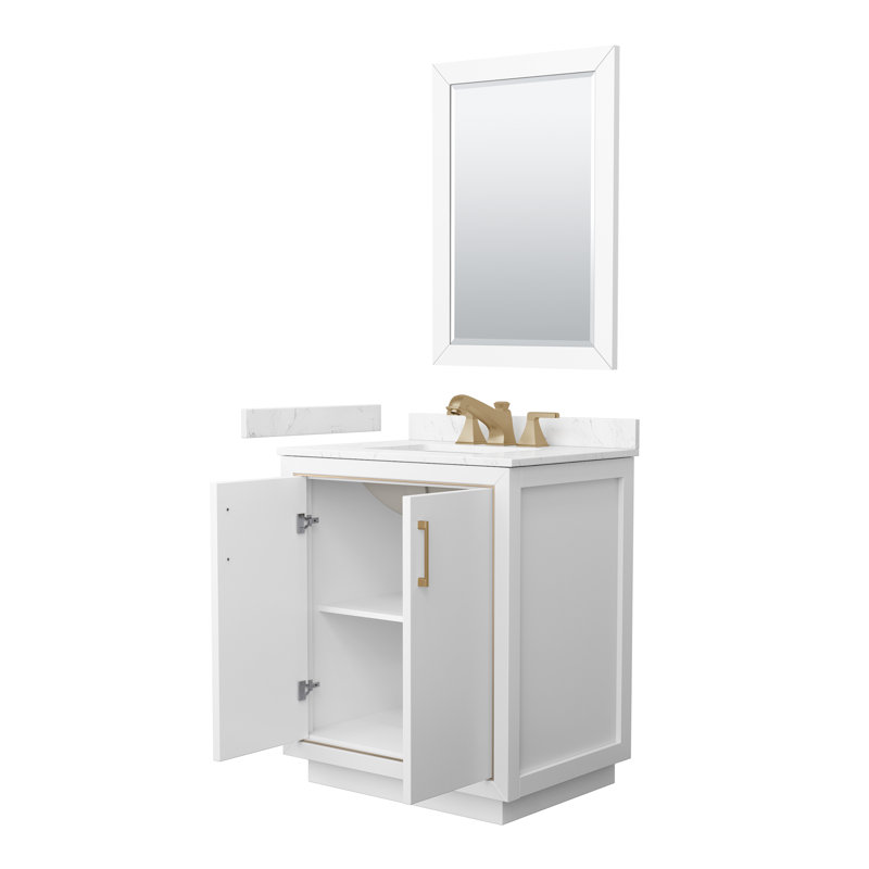 Icon 30" Freestanding Single Bathroom Vanity with Cultured Marble Top, White, Satin Bronze, Carrara Cultured Marble