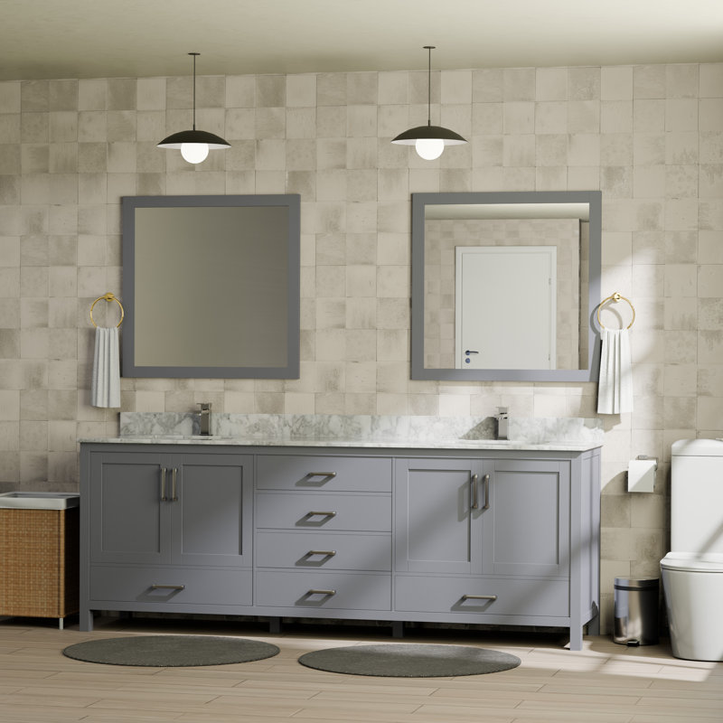 Jacques 80 in. W x 22 in. D Double Bath Vanity, and 30 in. Mirrors, Dark Gray, White Carrara Marble