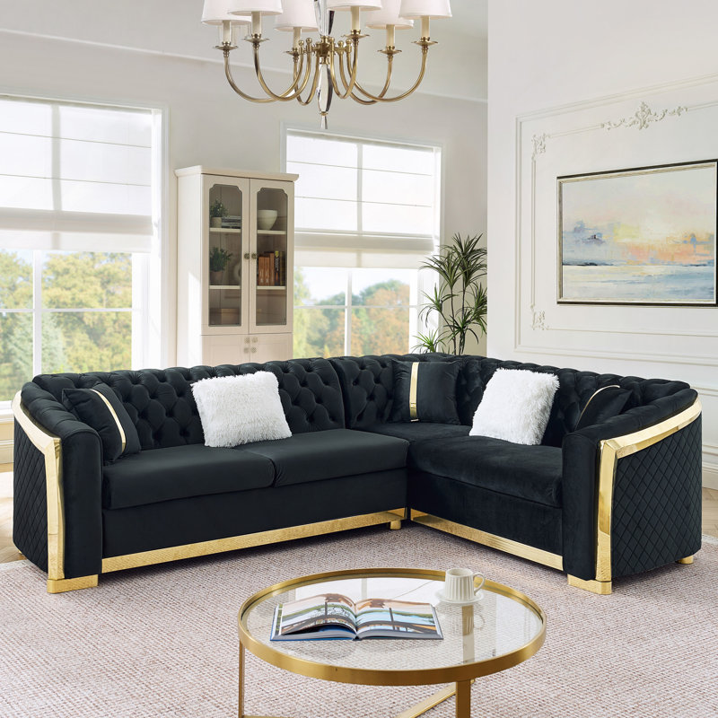 106 Inches L-Shaped Chesterfield Sectional Sofa Set With Gold Stainless Steel Accents, Velvet Button Tufted Sofa With 5 Pillows Luxury Couch For Living Room, Black
