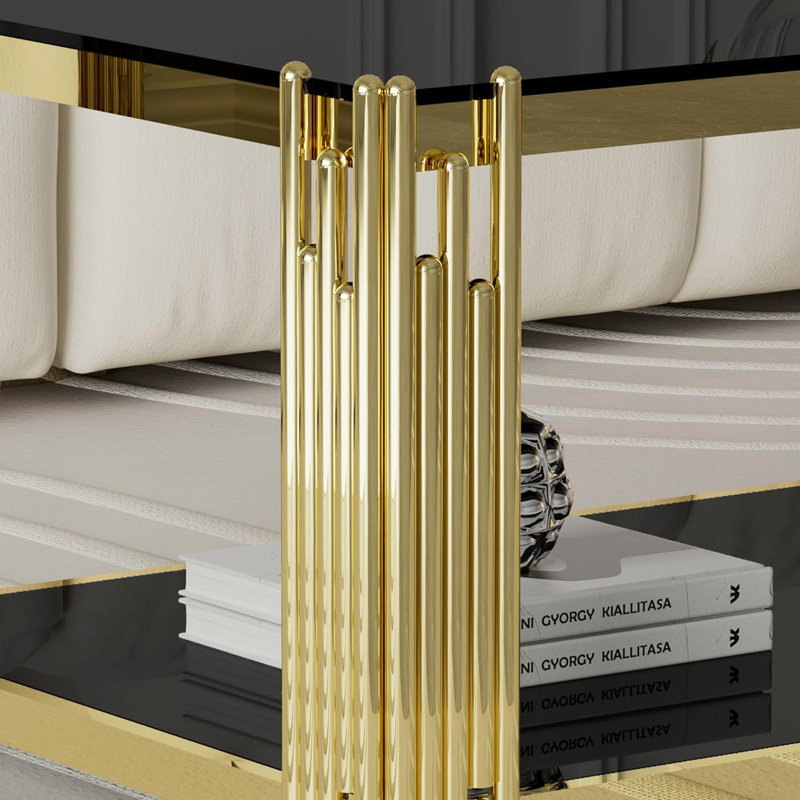 20" Square Coffee Table, Modern Sofa Side Table, Glass Top, Gold Stainless Steel Double Living Room Coffee Table (20 Inch Polished Gold) Suitable for Living Room
