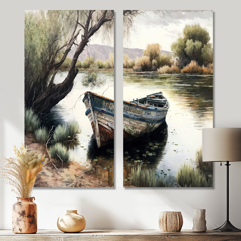 Bateau de pêche dans la rivière - impressions sur toile vertes 2 pièces, 40" H x 40" W, Wrapped Canvas, Does Not Apply