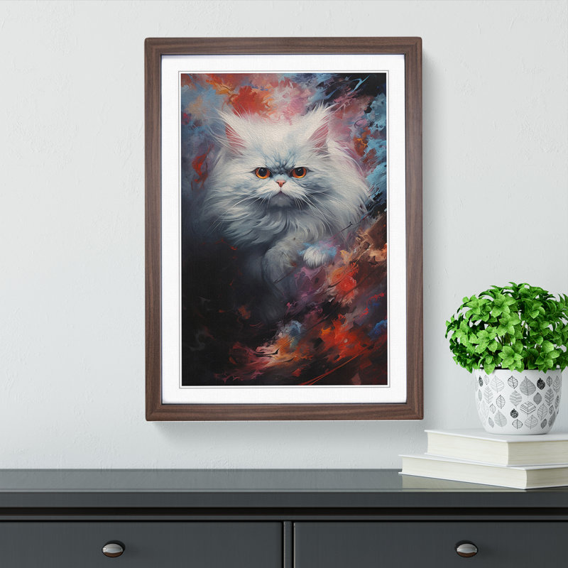 Persian Cat Action Painting - Single Picture Frame Print on Wood, Walnut Framed, 64cm H x 46cm W x 2cm D