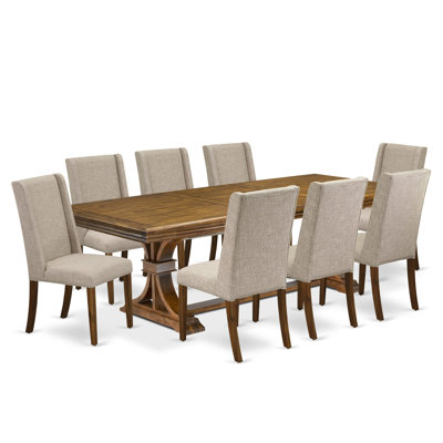 9-piece kitchen set consists of a dinner table and 8 Light Tan Linen Fabric parson chairs with Padded Chair Back - Antique Walnut Finish.