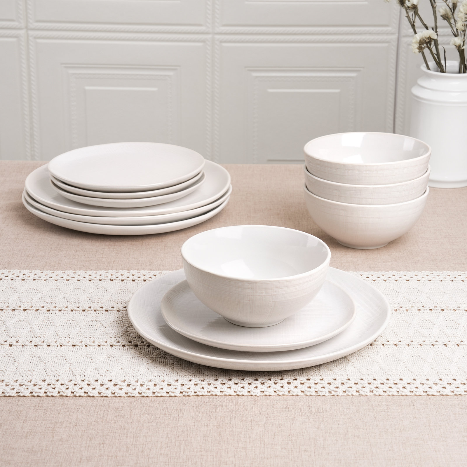 Adomas 12 Piece Dinnerware Sets, Dish Sets for 4, White