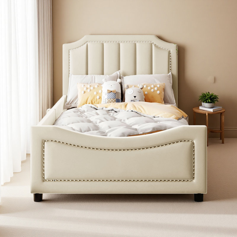 Twin Size Upholstered Daybed With Classic Stripe Shaped Headboard, Beige