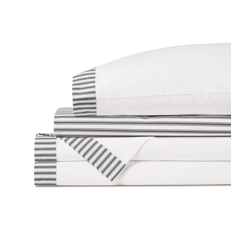 Blass Ticking Egyptian Cotton Percale Striped Sheet Set, Black, Cal.King Sheet Set with 2 Pillowcases