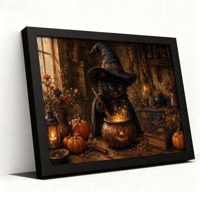 Black Cat Witch Stirring Glowing Cauldron Halloween Canvas Wall Art