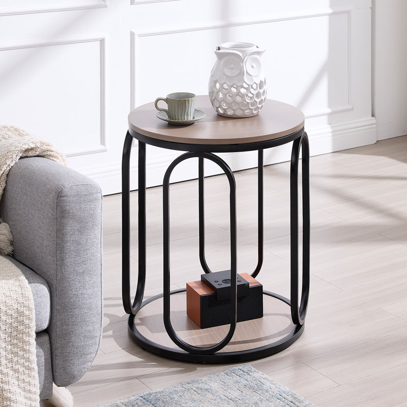 Carnforth 24.4"H Round End Table with Storage, Cream Brown Wood