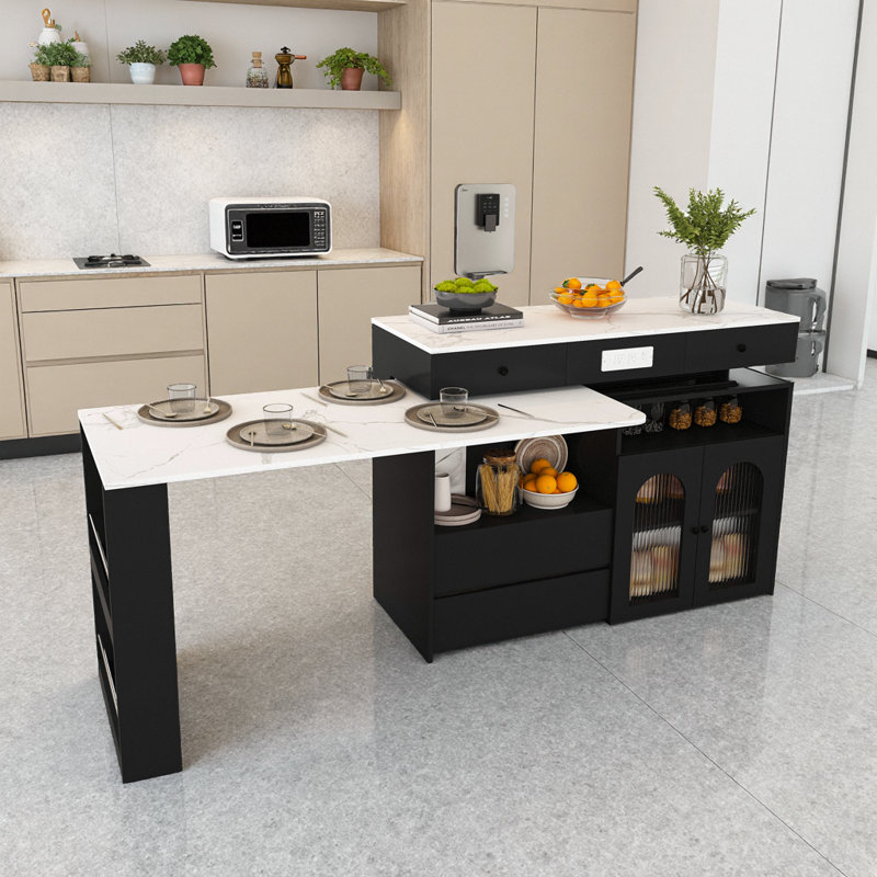 Retro Walnut Kitchen Island with Extendable Rotating Table 4 Drawers Glass Cabinets Built-in Socket, Black