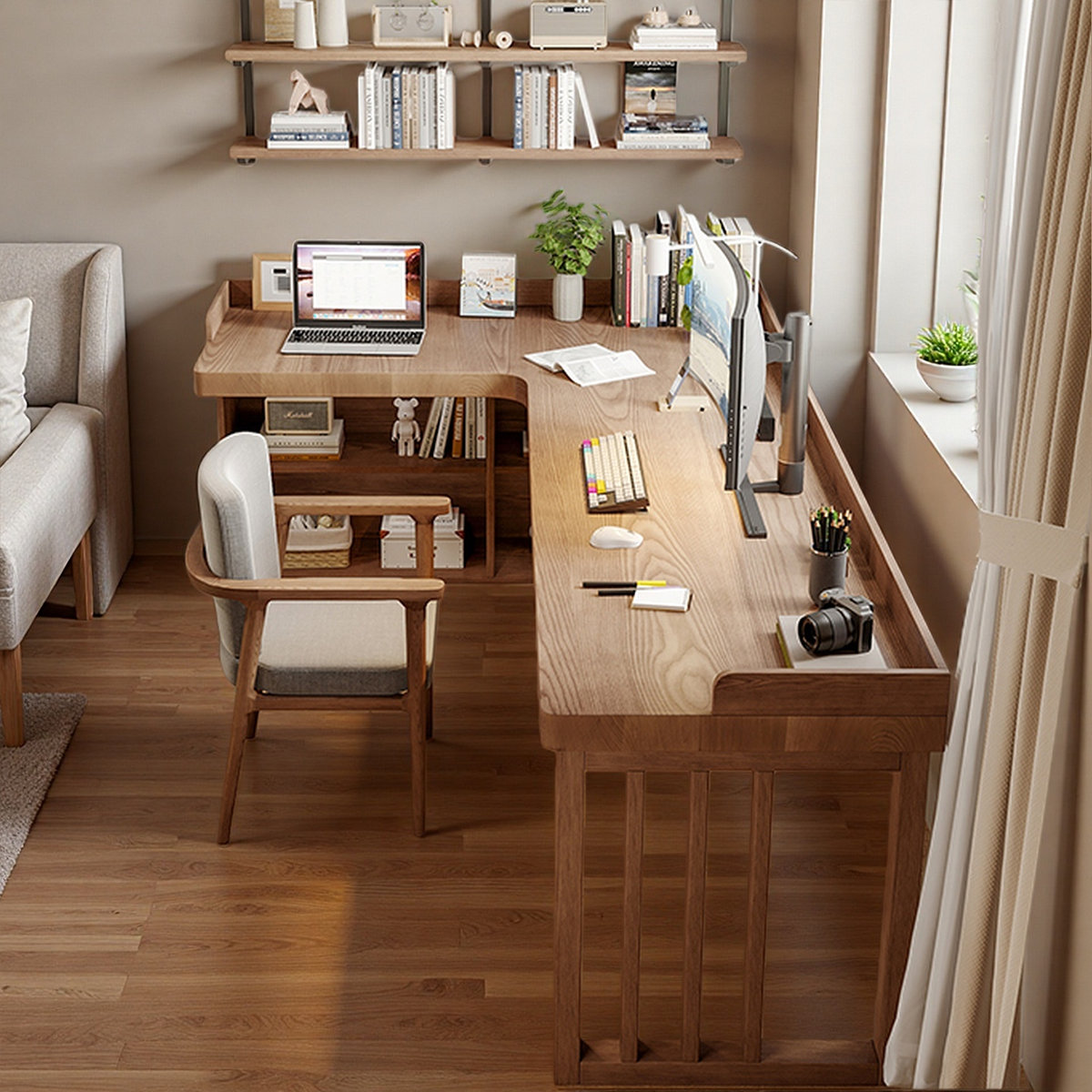 L-Shaped Solid Wood Desk with Storage Base Design
