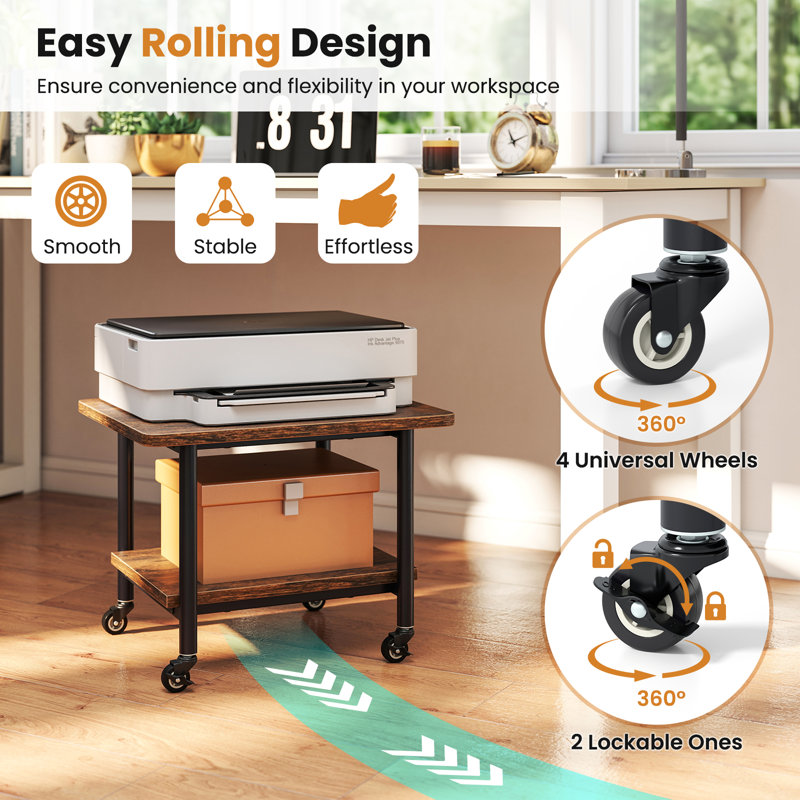 Brown 2-Tier Rolling Under Desk Printer Stand with Storage Shelves
