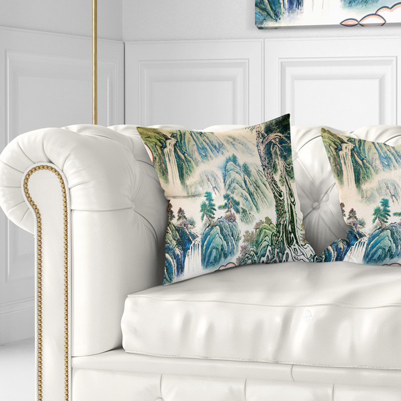 Paysage chinois bleu - coussin à imprimé floral, 16 po x 1 po, Coussin décoratif
