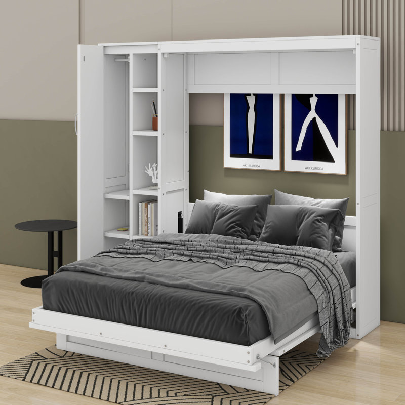 Lit escamotable double avec tablettes, garde-robe et lumières DEL, Blanc