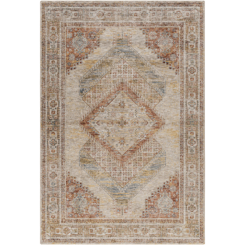 Tapis oriental en polyester tissé à la machine en rouille / beige, Rectangle 12 pi x 15 pi