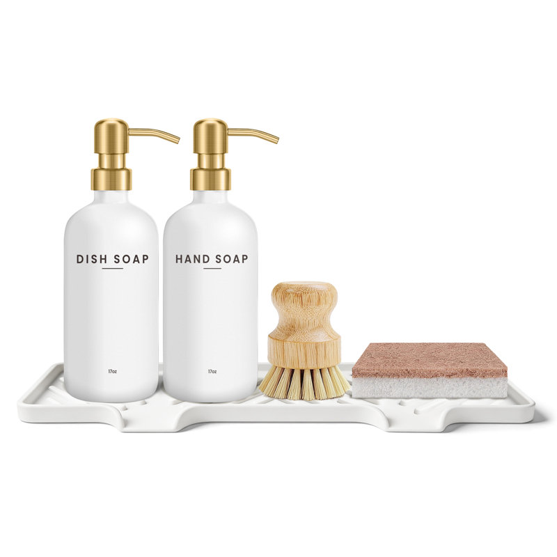Kitchen Soap Dispenser Set: 17oz Glass Dish And Hand Soap Dispenser With Stainless Steel Pump, Instant Dry Tray, Dish Brush & Sponge, Refillable Countertop Sink Decor For Kitchen & Bath, White-Gold