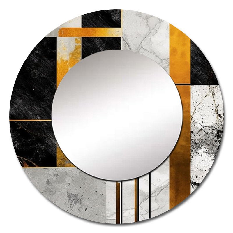 Marbre granit agate avec touches dorées VII - miroir mural géométrique unique, miroir rond gris, impression d'art en métal