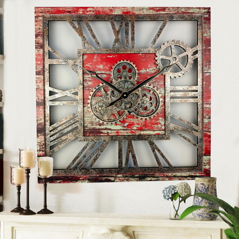 Wall Clock 24" Square Oversized for Living Room decor with Real Moving Gears America Collection, Red