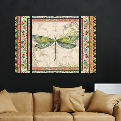 «3 Bohemian Dragonfly 2», art mural sur toile 3 panneaux pour décor de salon, de chambre à coucher ou de bureau par Jean Plout 