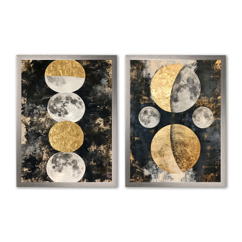 Phases de la Lune sur papier doré I - Collages abstraits (Ensemble de 2), 32" H x 48" W, Silver Picture Framed