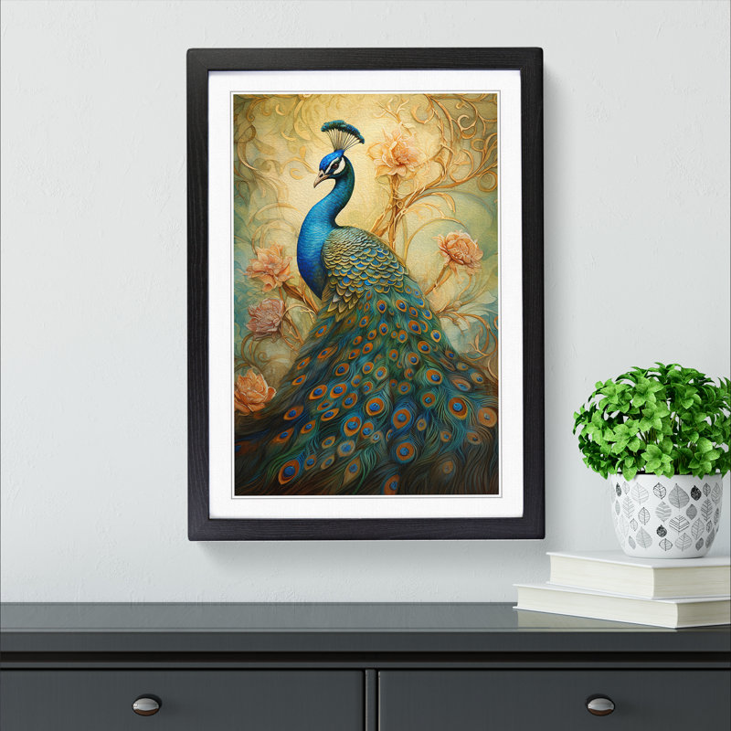 Peacock Tachisme - Single Picture Frame Print on Wood, Black Framed, 34cm H x 25cm W x 2" D
