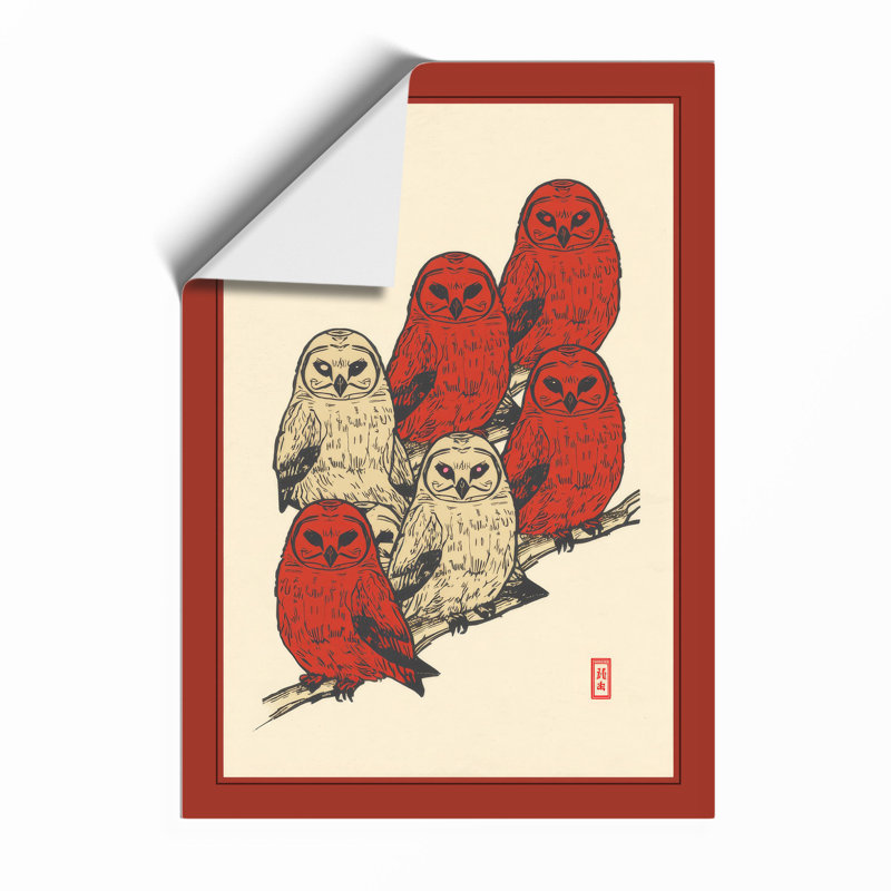 Five Owls Arranged Japandi - Framed Print, Unframed, A4 - 29.7 x 21.0 cm