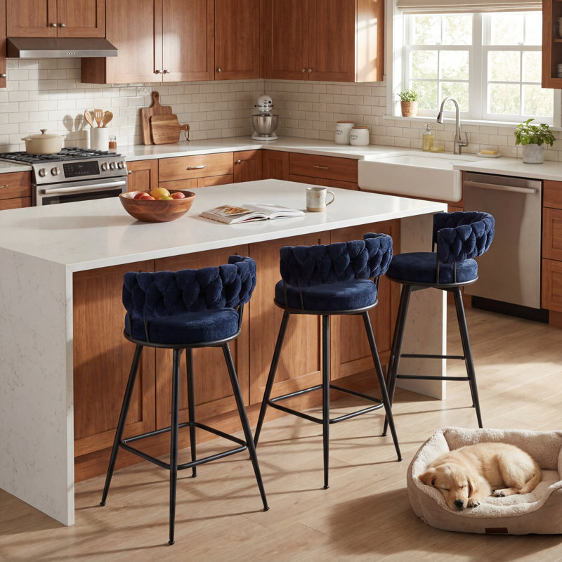 Modern Blue Upholstered Bar Stool With Woven Look Backrest & Fixed Black Metal Frame Stable Counter Height Stool For Kitchen Breakfast Bar Or Cafe, Set Of 3