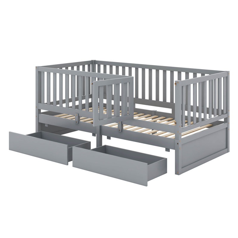 Daybed With Fence Guardrails And 2 Drawers, Split Into Independent Floor Bed & Daybed, Gray, Twin
