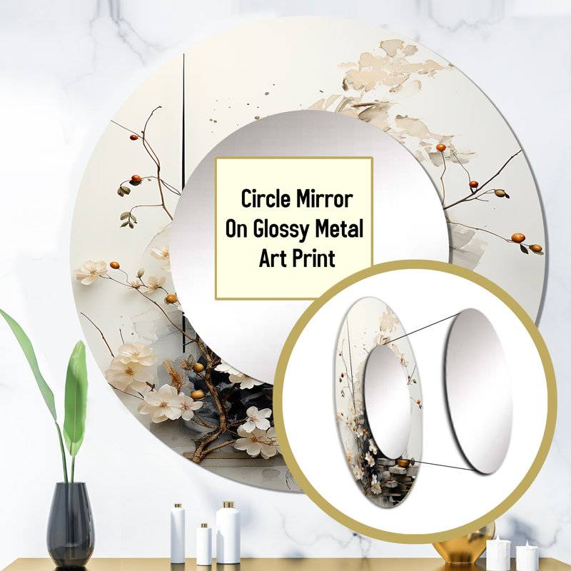 Shannae Asian Art Classics Sumi III - Asian Art Decorative Wall Mirror, Global Round Mirror, Printed Metal Art, 23" x 23"
